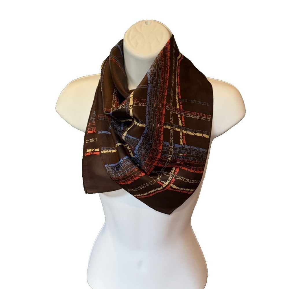 Echo Scarf Fish Pattern Silk Brown Blue Red Beige Hand Rolled Signed 26x26" Vtg